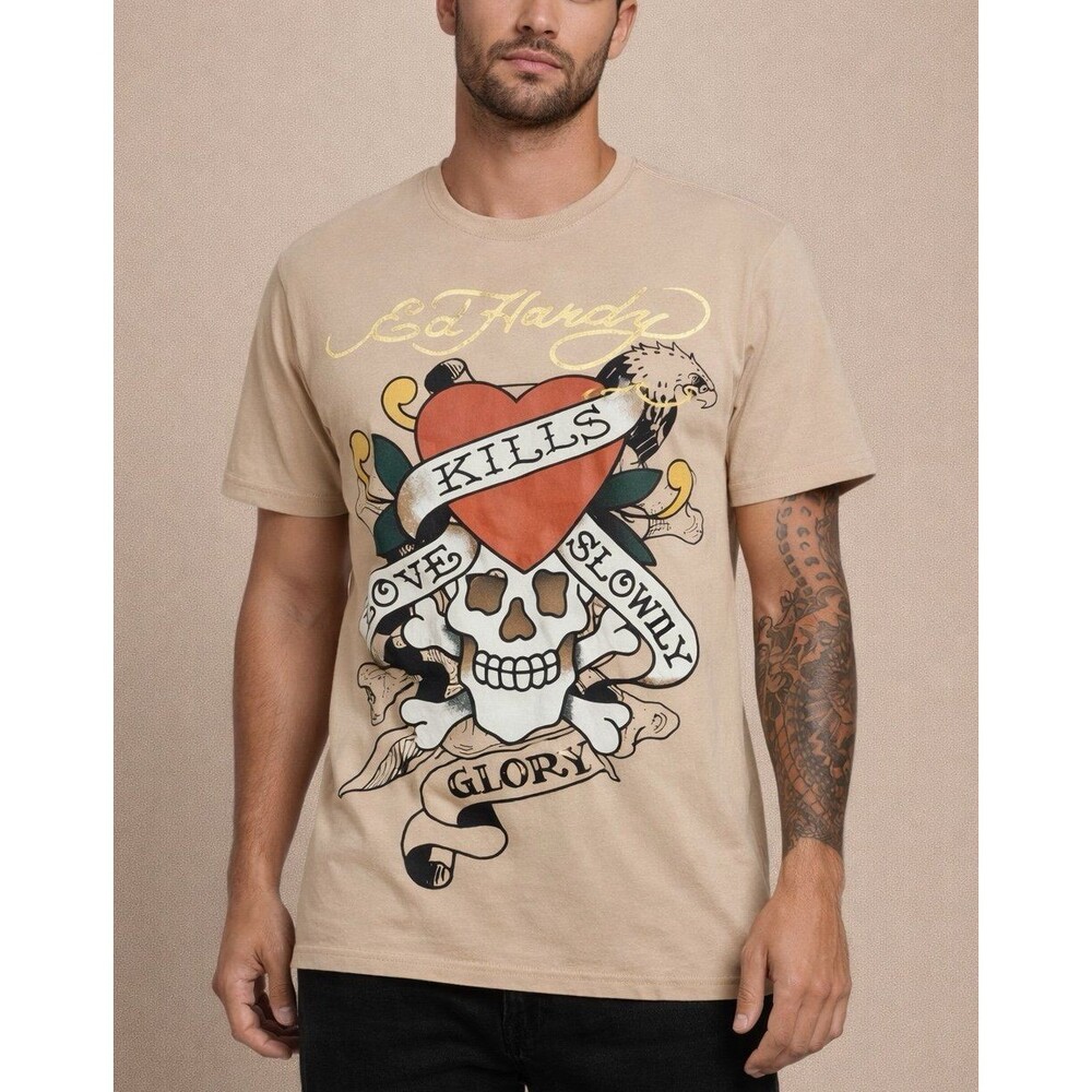 NWT Ed Hardy Beige T-shirt Skull Heart Eagle y2k vintage size Large